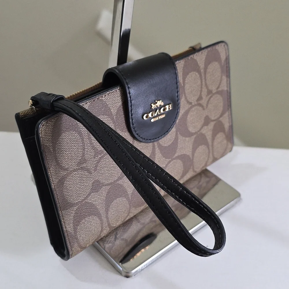 COACH C2874 Phone Wallet In Signature Canvas Gold/Walnut/Black NWOT - Picture 2 of 15